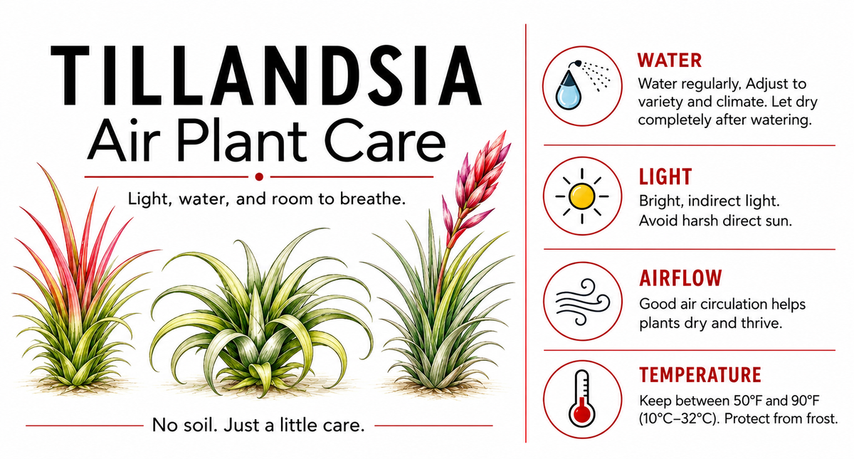 Tillandsia air plant care guide: water according to variety and climate, bright indirect light, good airflow, and temperatures from 50 to 90 degrees Fahrenheit.